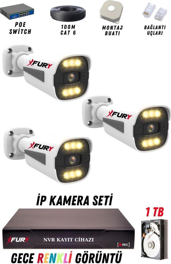 FURY 3 Kameralı Ip Güvenlik Kamerası Seti 4mp Gece Renkli Su Geçirmez 1506 1TB - Image 1