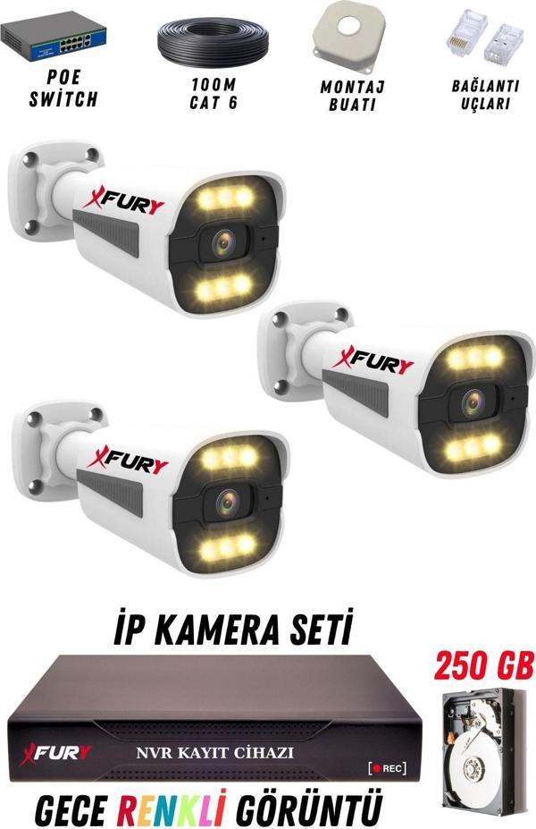 FURY 3 Kameralı Ip Güvenlik Kamerası Seti 4mp Gece Renkli Su Geçirmez 1506 250GB - Image 1