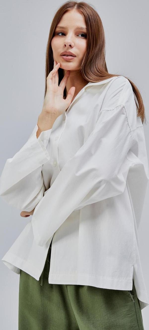 Ekru Oversize Poplin Gömlek - Image 1