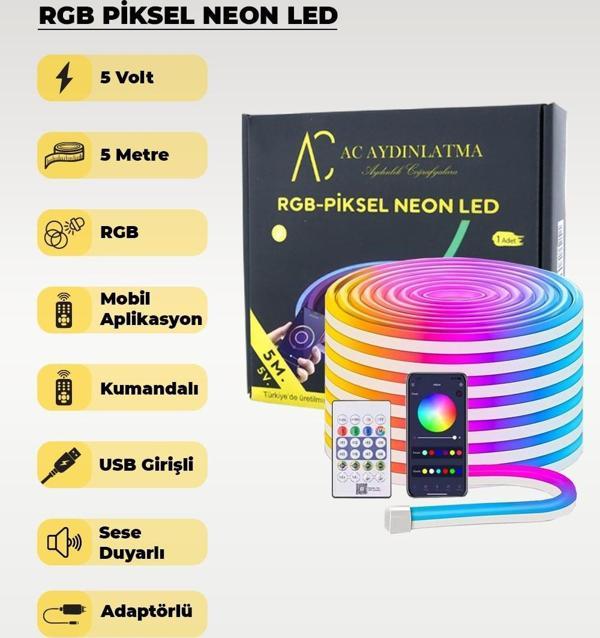 USB Neon RGB Piksel Şerit Led - Animasyonlu - Sese Duyarlı - 5 Metre (Aplikasyon - Kumandalı)) - Image 1