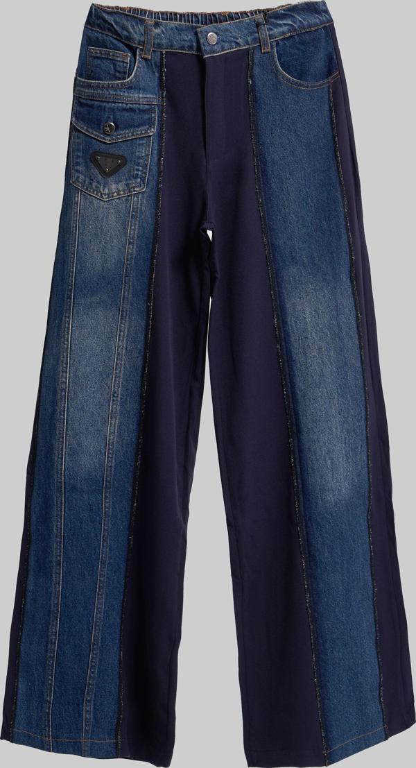 Kadın Mavi Renk Çift Parça Kumaş Bol Kesim Özel Tasarım Denim Jean - Image 1