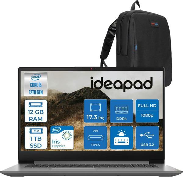 Lenovo Ideapad 3 17IAU7 Intel Core I5-1235U 12GB 1tb SSD Freedos Intel Iris Xe Graphics IPS 17.3 Inç Fullhd 300NITS Taşınabilir Bilgisayar 82RL00CLTXF08 + Zetta Çanta - Image 1