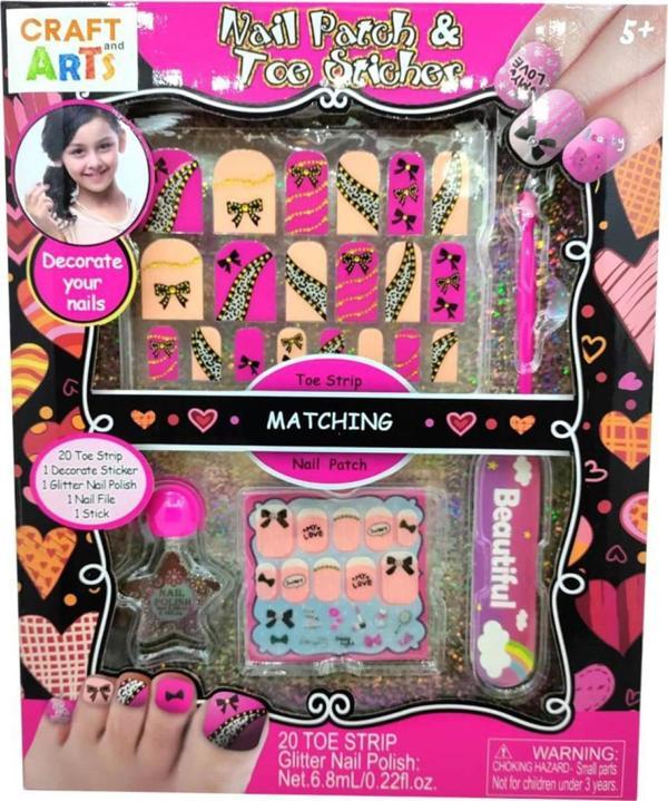 Craft and Arts Tırnak Süsleme Seti – Nail Patch & Toe Sticker + Simli Oje (5+ Yaş) - Image 1