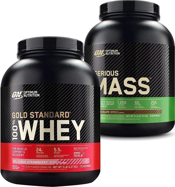 Optimum Nutrition Gold Whey Çilekli Protein Tozu 2273 Gr + Serious Mass 2727 Gr Çikolata Ar - Image 1