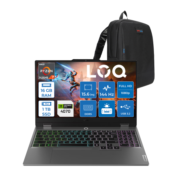 Lenovo Loq 15ARP9 Amd Ryzen 7 7435HS 16GB Ddr5 1tb SSD Freedos 4070 8gb 115W 15.6" Fhd (1920X1080) IPS 300NITS 144Hz Taşınabilir Bilgisayar 83JC00FGTRF03 + Zetta Çanta - Image 1