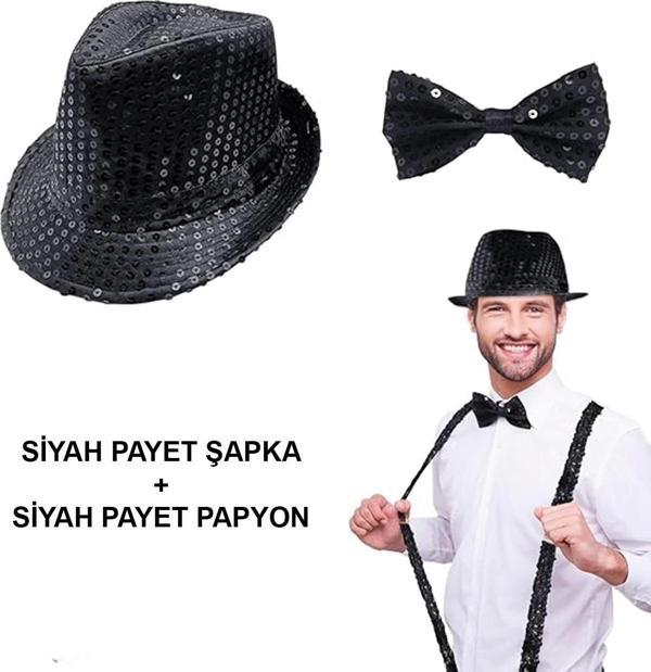 Siyah Payetli Şapka Ve Papyon Seti – Parıltılı Yetişkin Kostüm Seti - Image 1
