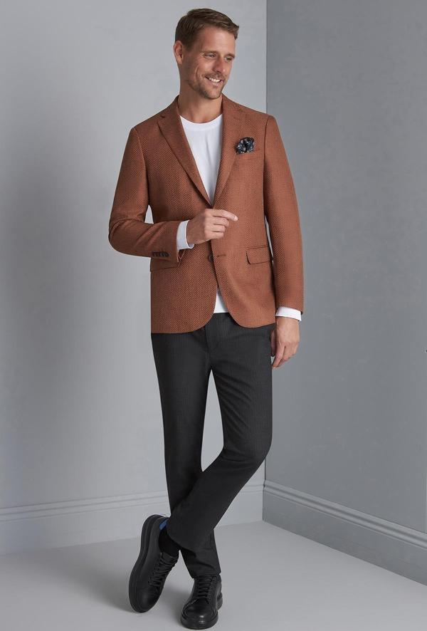 Erkek Kiremit Slim Fit / Dar Kalıp Mono Yaka Ceket - Image 1