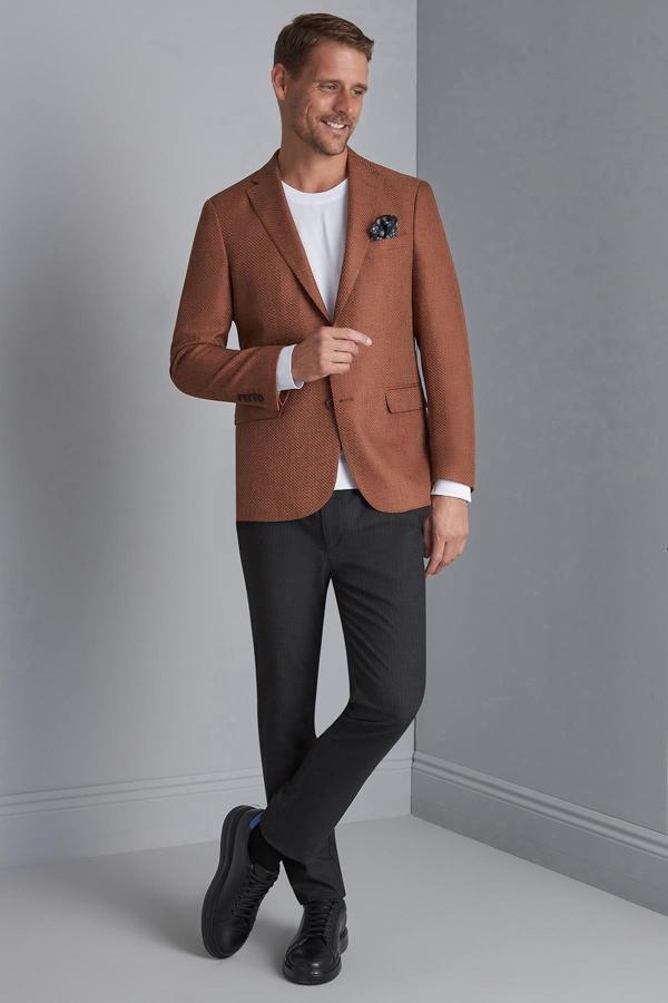 Erkek Kiremit Slim Fit / Dar Kalıp Mono Yaka Ceket - Image 1