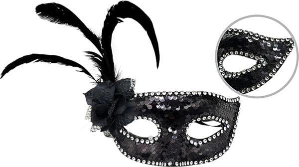 Siyah Renk Yandan Tüylü Güllü Gümüş Taşlı Pullu Maske 20x22 Cm - Image 1