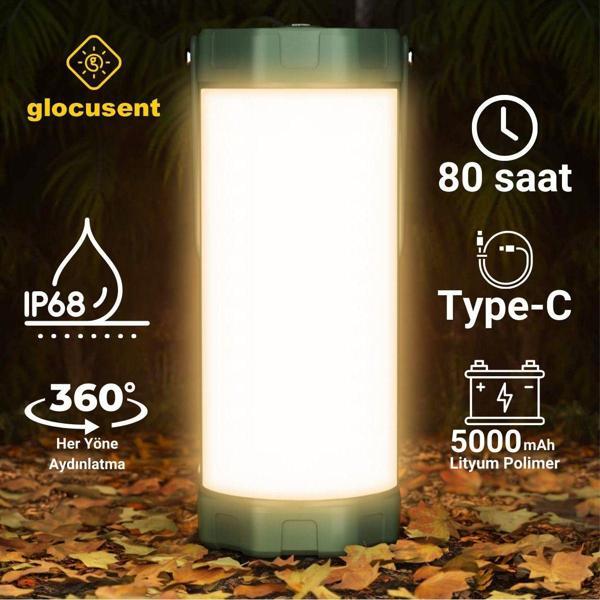 Glocusent Kamp Feneri Lambası 120 Saat Şarjlı Kullanım, Ip68 Su Geçirmez, Kamp, Deprem Çantası Feneri Ve Afet - Image 1