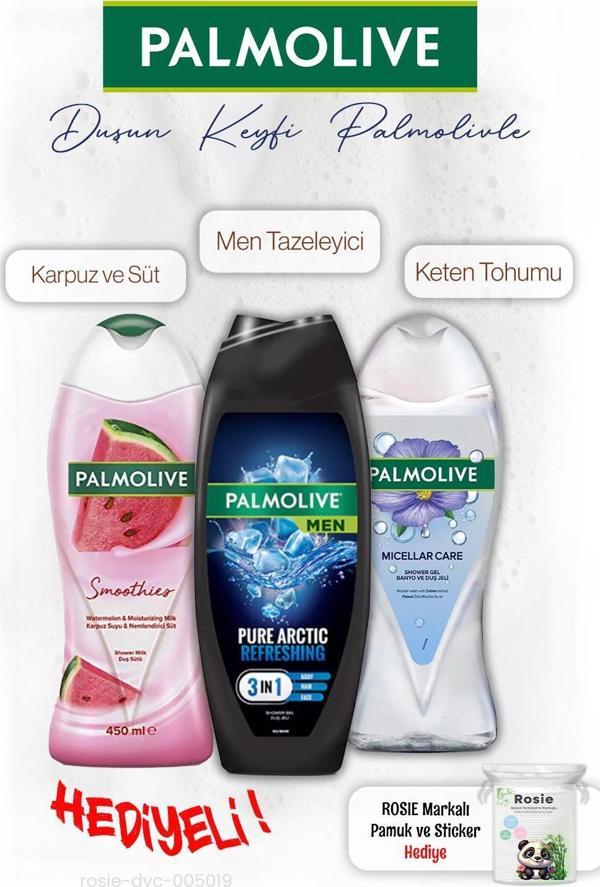 Palmolive 3'lü Duş Jeli Karpuzlu 450 ml, Men 500 ml, Keten 500 ml, ROSIE hediye - Image 1