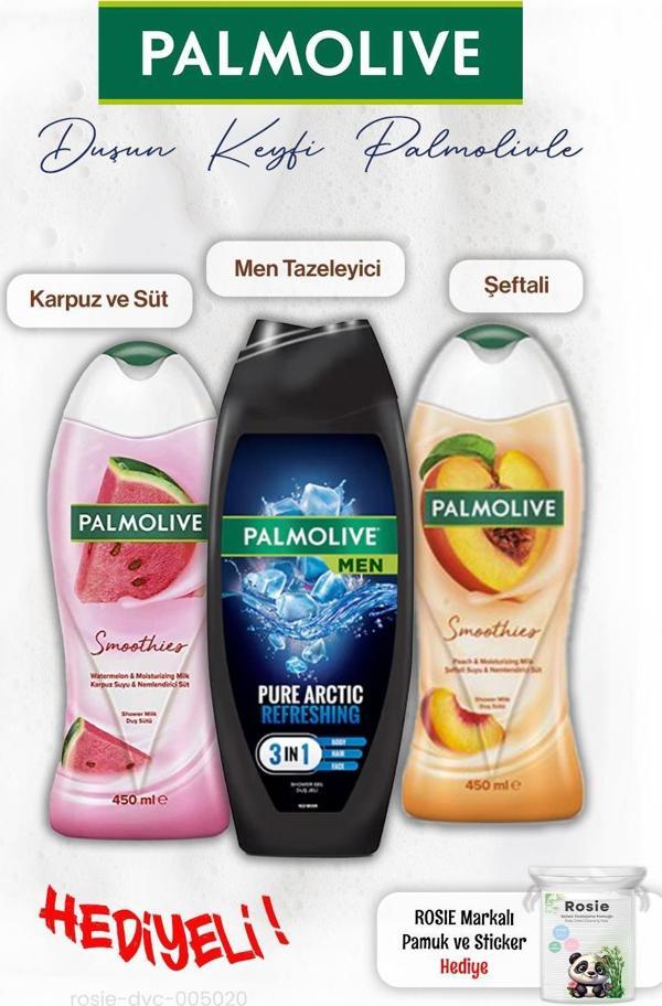 Palmolive 3'lü Duş Jeli Şefali 450 ml, Karpuz 450 ml, Men 500 ml, ROSIE hediye - Image 1