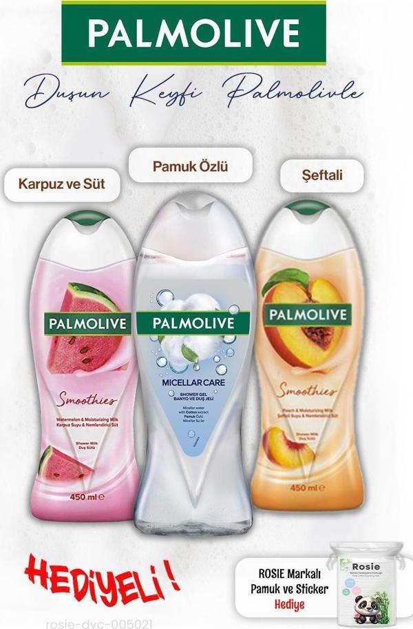Palmolive 3'lü Duş Jeli Pamuk Özlü 500 ml, Şefali 450 ml, Karpuz 450 ml, ROSIE hediye - Image 1
