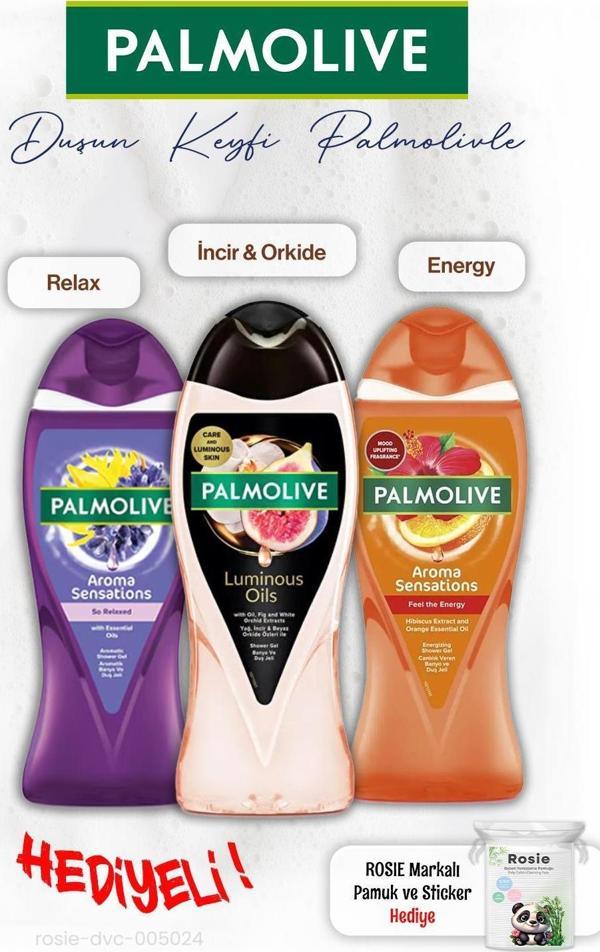 Palmolive 3'lü Duş Jeli İncir 250 ml, Feel the energy 500 ml, Relax 500 ml, ROSIE hediye - Image 1