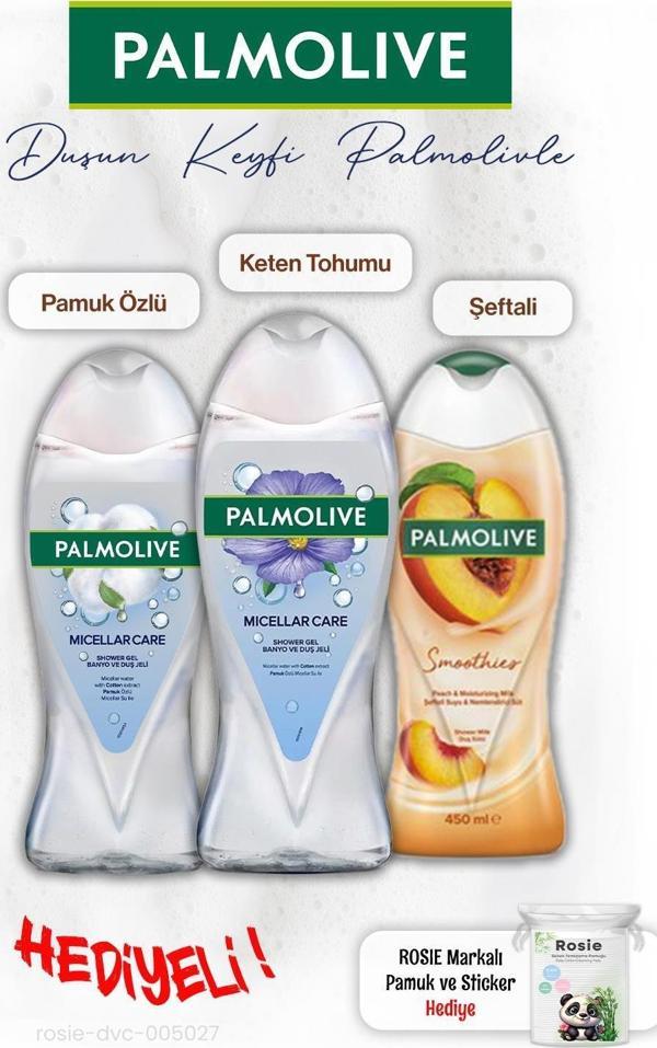 Palmolive 3'lü Duş Keten Tohumu ve Pamuk Özü 500 ml, Şeftali 450 ml, ROSIE hediye - Image 1