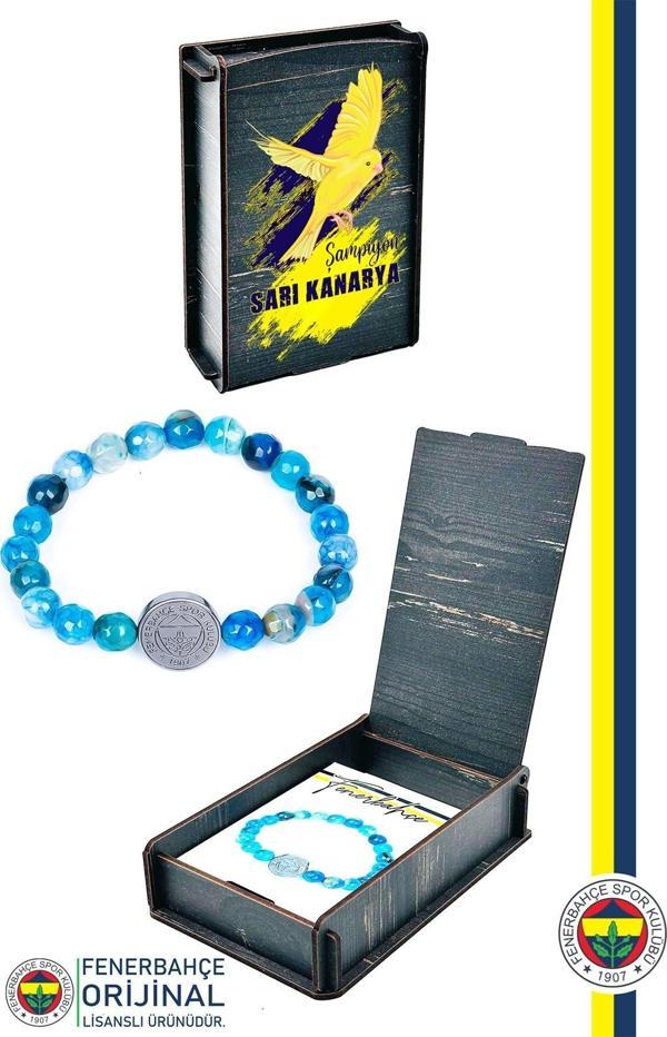 Fenerbahçe Orijinal Lisanslı FB Mavi Akik Fasetli Doğaltaş Bileklik Kanarya Baskılı Hediy - Image 1