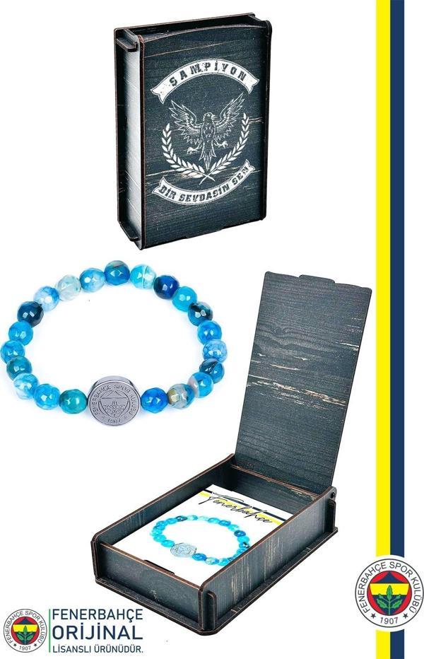 Fenerbahçe Orijinal Lisanslı FB Mavi Akik Fasetli Doğaltaş Bileklik Hediyelik Ahşap Kutul - Image 1