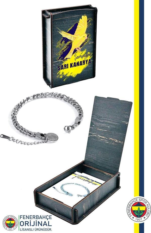 Fenerbahçe Orijinal Lisanslı Çelik İnce Bileklik Kanarya Baskılı Hediyelik Ahşap Kutulu - Image 1