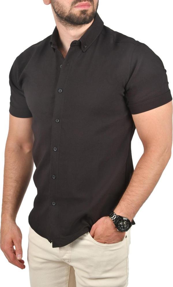 DeepSEA Erkek Siyah Slim Fit Likralı Spor Gömlek Dar Kesim Kısa Kol Gömlek 2501315 - Image 1