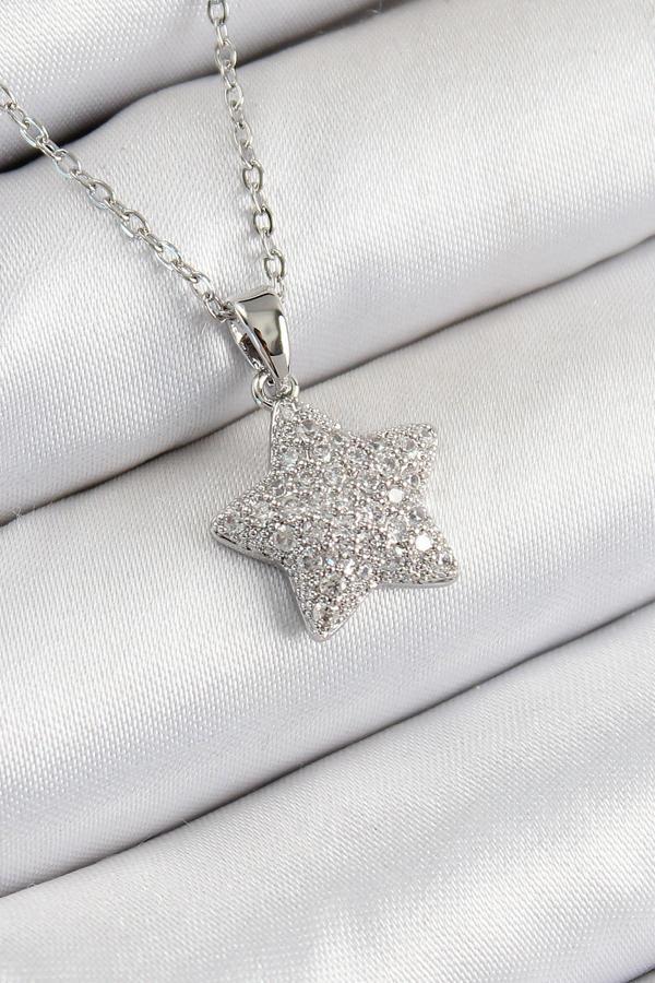  Zirkon Taşlı Yıldız Model Gümüş Renk Kadın Kolye - EBJ250711W36519 - Image 1