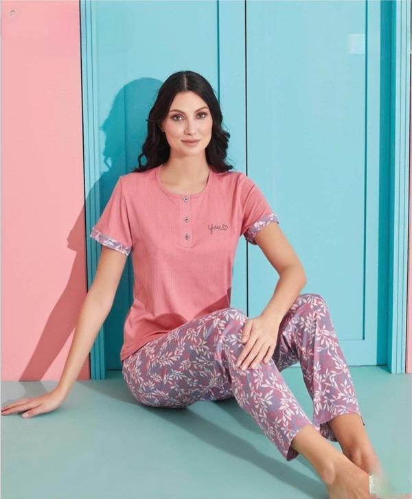Pijamoni Kadın Viskoz Likralı Düğme Yaka Kaşkorse Patlı Kısa Kol Pijama Takımı 5520-2 / 1 Adet - Image 1