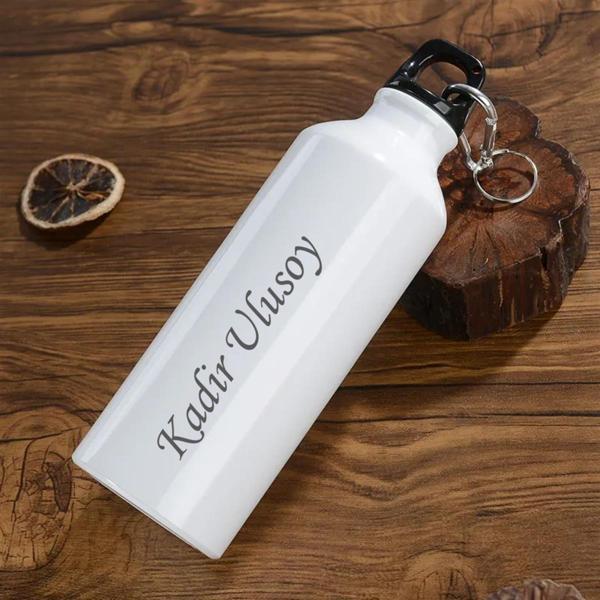 Kişiye Özel Kancalı  Alüminyum Beyaz su matarası - 600mlt - Image 1