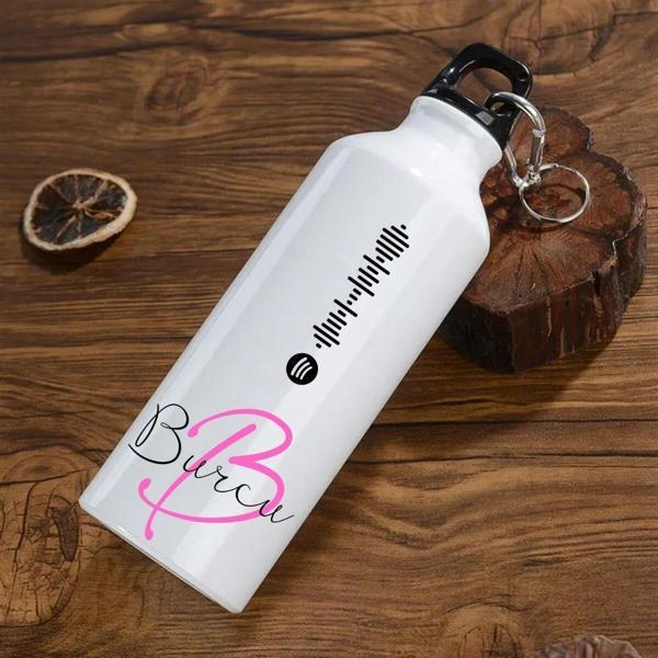 Kişiye Özel Spotify Tasarımlı Kancalı  Alüminyum Beyaz su matarası - 600mlt - Image 1