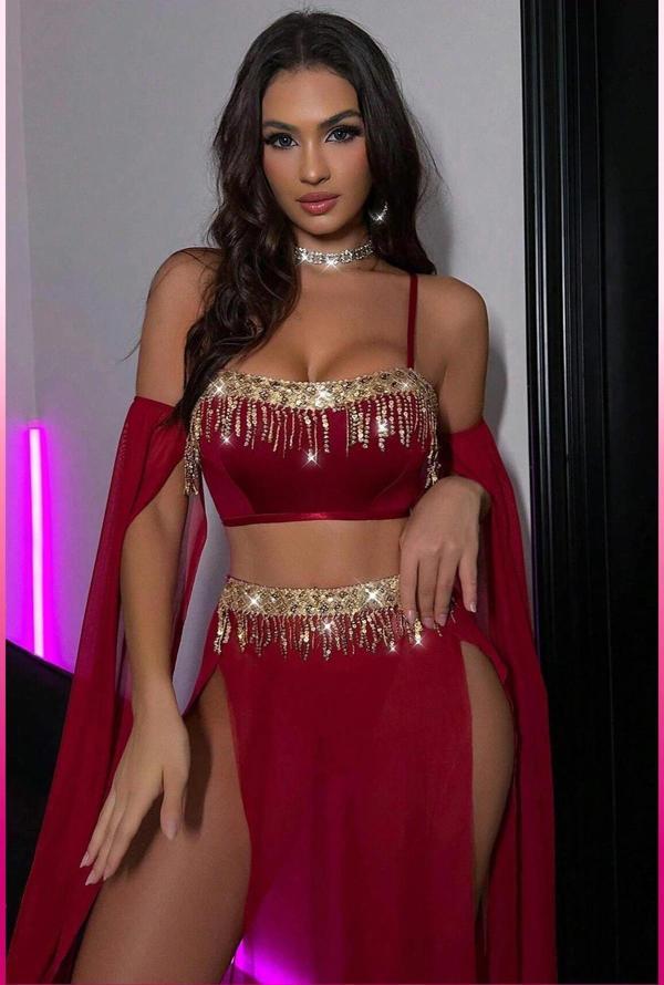 Bordo Pul Aksesuarlı Tül Etekli Kadın Seksi Gecelik - Image 1