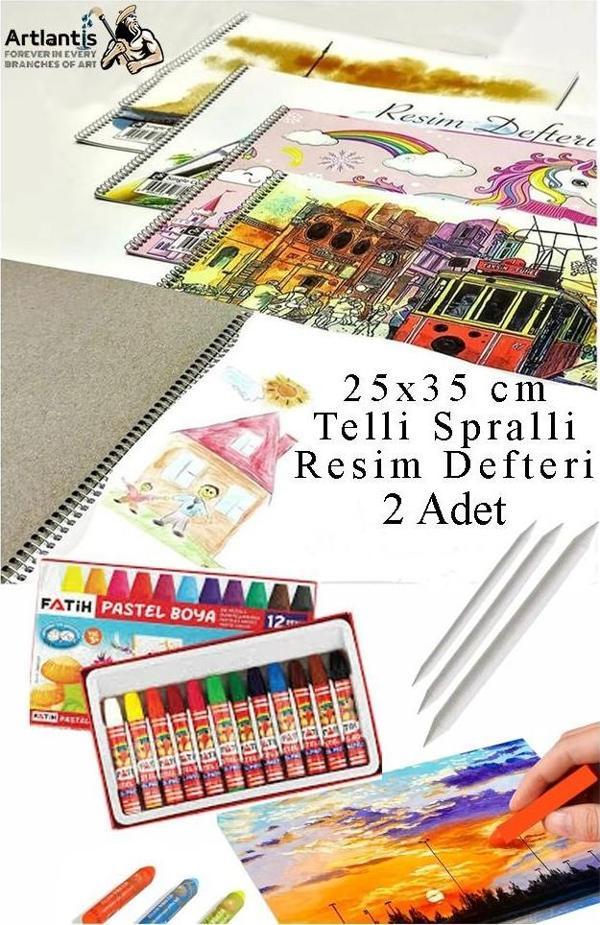 12 Renk Fatih Pastel Boya 25x35 cm Telli Spralli Resim Defteri Pastel Dağıtma Kalemi 15 Yaprak Resim Defteri Yağlı - Image 1