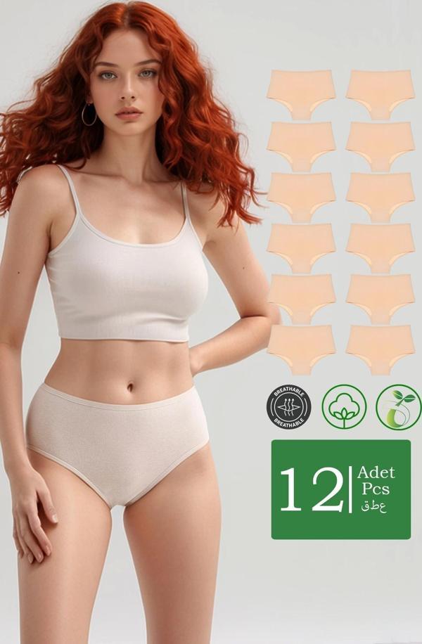 Yüksek Bel Pamuklu 12'Li Paket Bato Külot Ten - Image 1