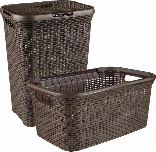 Hasır Desenli Plastik Kahverengi Çamaşır Sepeti  & Kahverengi Çamaşır Selesi - Image 1