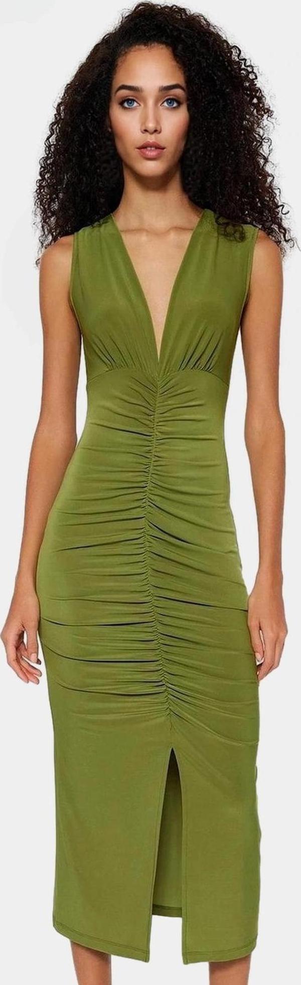 Şık Bodycon V Yaka Örme Midi Elbise Polyester Elastan Kumaştan Gündüz Ve Gece Rahat Kullanım - Image 1