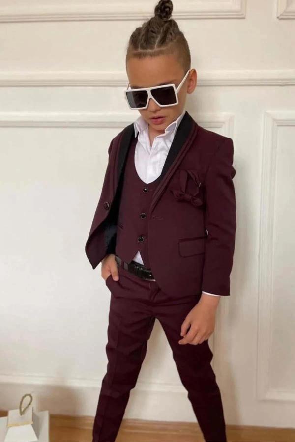 Erkek Çocuk Yakası Şerit Detaylı Cepken Yelekli Blazer Ceketli Bordo Takım Elbise - Image 1