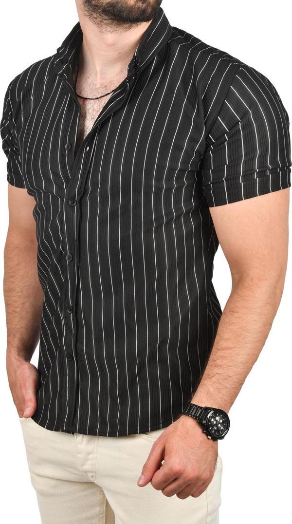 DeepSEA Erkek Siyah Slim Fit Likralı Spor Gömlek Dar Kesim Çizgili Kısa Kol Gömlek 2501218 - Image 1