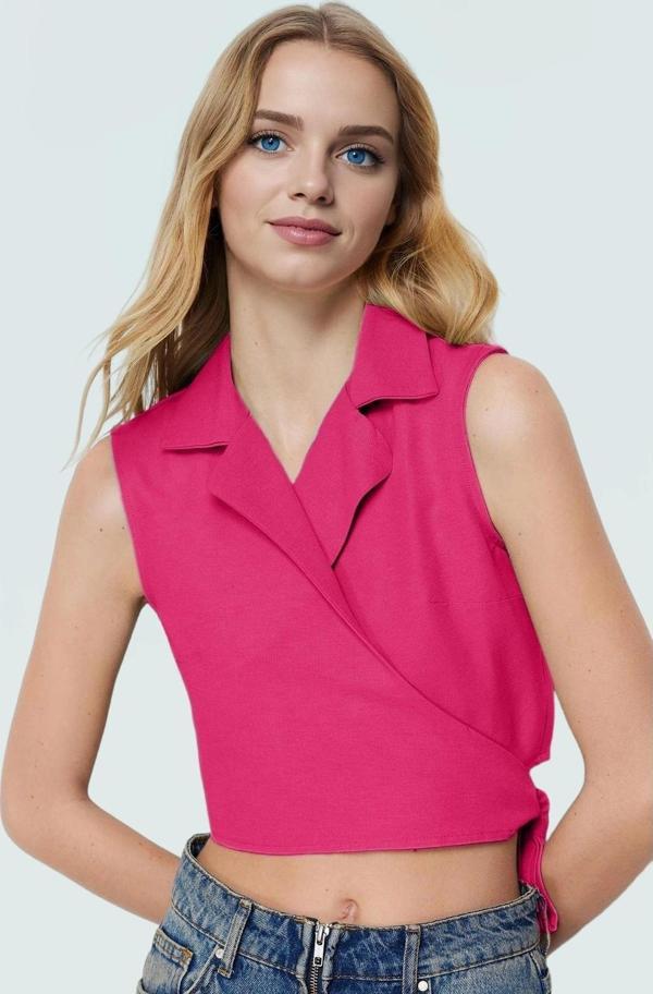 Keten Görünümlü Crop Bluz Ceket Yaka Kalın Askılı Yazlık Rahat Kullanım - Image 1