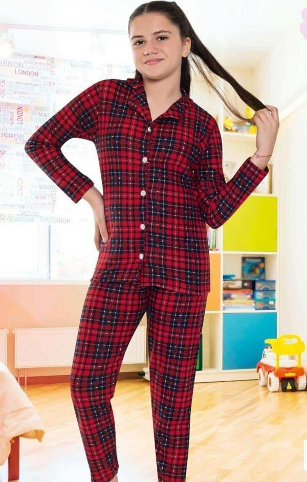 Miosse Kids Kız Çocuk Pamuklu Süet Kırmızı Ekose Desenli Gömlek Yaka Boydan Düğmeli Uzun Kollu Pijama Takımı M6591 - Image 1
