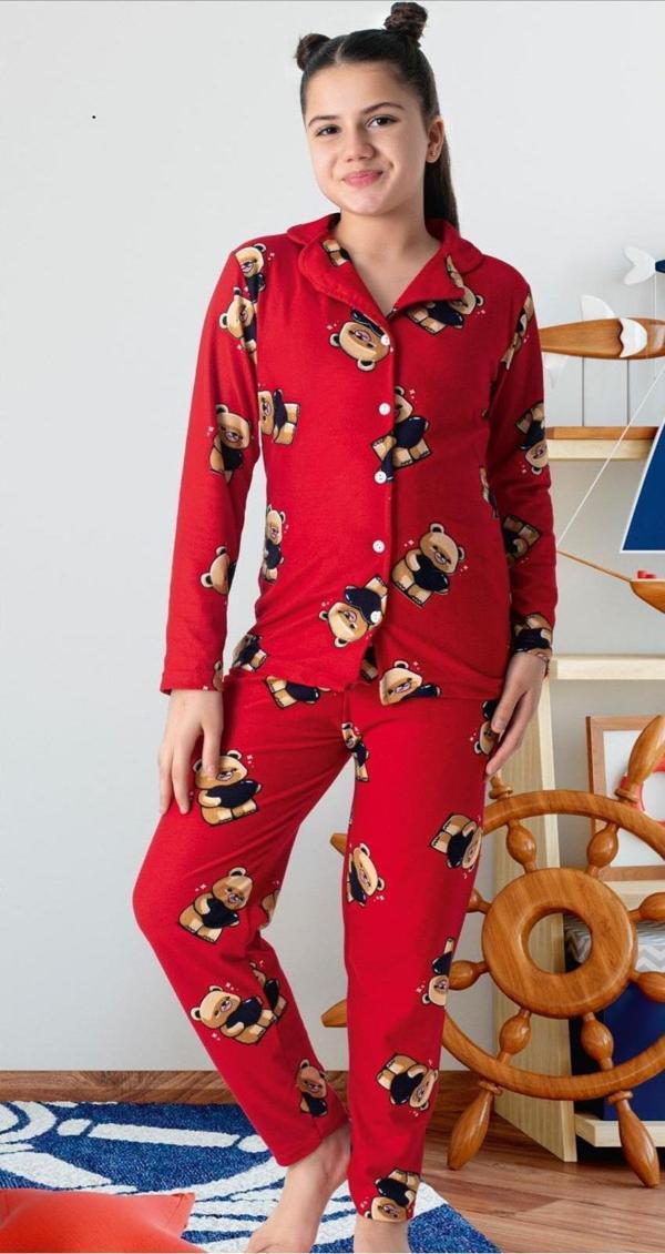 Miosse Kids Kız Çocuk Pamuklu Süet Kırmızı Sevimli Ayıcık Desenli Gömlek Yaka Boydan Düğmeli Uzun Kollu Pijama Takımı M7723 - Image 1