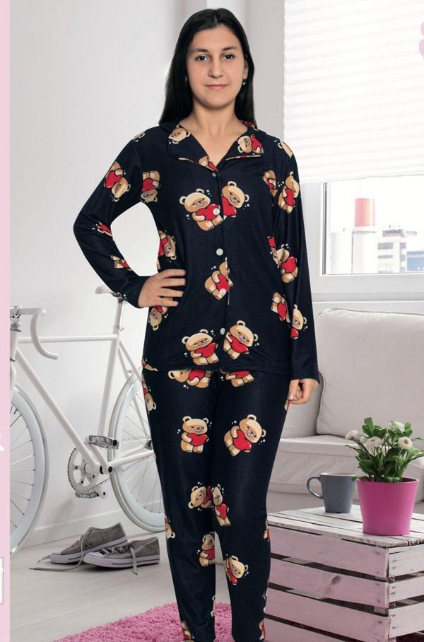 Miosse Kids Kız Çocuk Pamuklu Süet Lacivert Sevimli Ayıcık Desenli Gömlek Yaka Boydan Düğmeli Uzun Kollu Pijama Takımı M8234 - Image 1