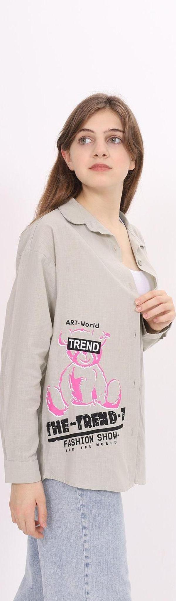 Angelos Gırls Kız Çocuk Ayıcık Baskılı Keten Görünümlü Gömlek 9-14Yaş Lx237 - Image 1