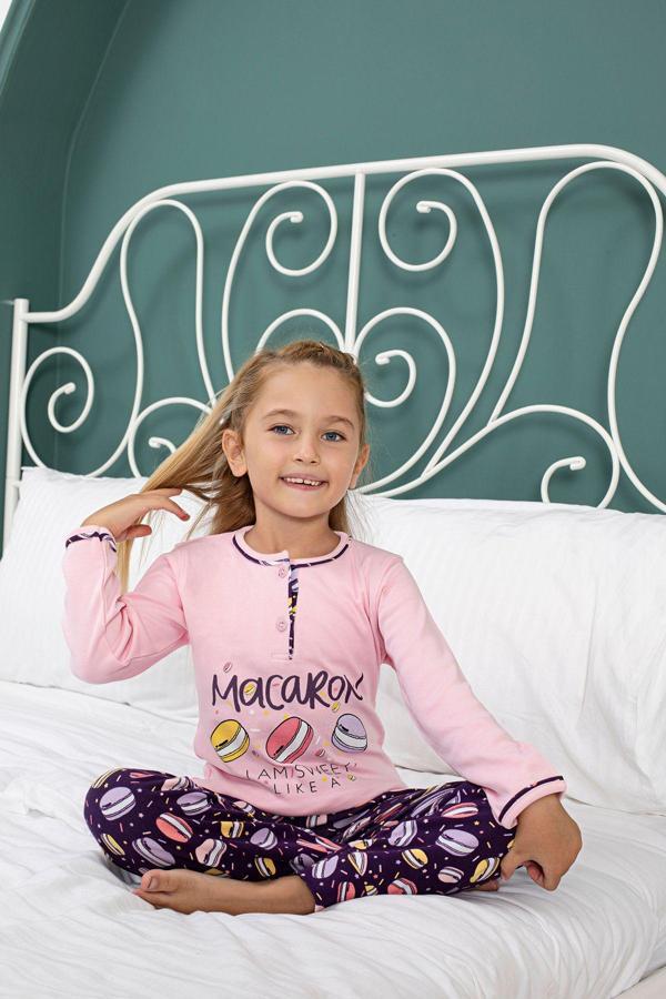 Angelos Gırls Kız Çocuk Macaron Baskılı Bloklu Pijama Takımı 11-15 Yaş - Image 1