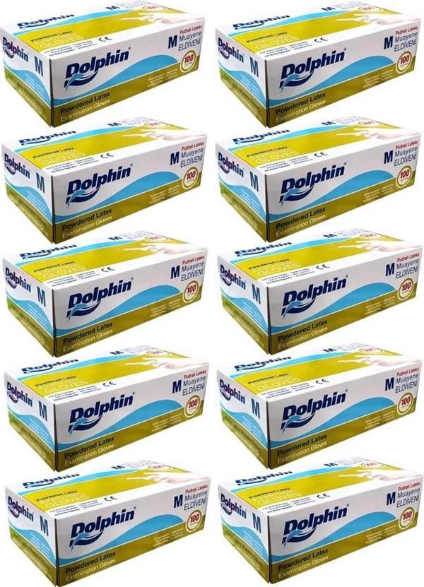Dolphin Tek Kullanımlık Lateks Beyaz Pudralı Medium Muayne Eldiveni - 10 Adet 100'lü Paket/Koli - Image 1