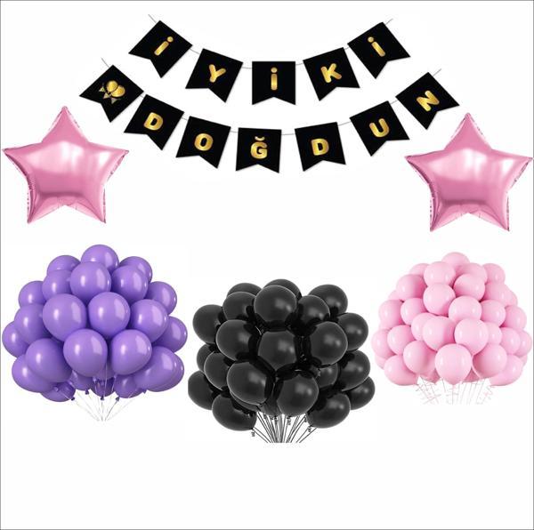 Siyah-Gold Banner+ Mor, Pembe, Siyah Balon Seti - Image 1