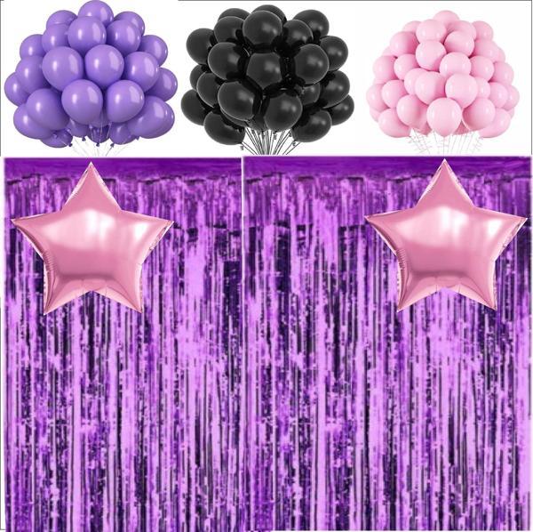 Mor, Siyah, Pembe Pastel Balon, 2 adet Pembe Yıldız Balon, 2 Adet Mor Arka Fon - Image 1