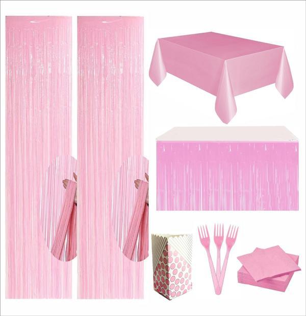 Pembe Masa Örtüsü, Pembe Masa Eteği, 2 adet Pembe Arka Fon, 10 adet Peçete, 10 adet Çatal, 8 Adet Mısır Kutusu - Image 1