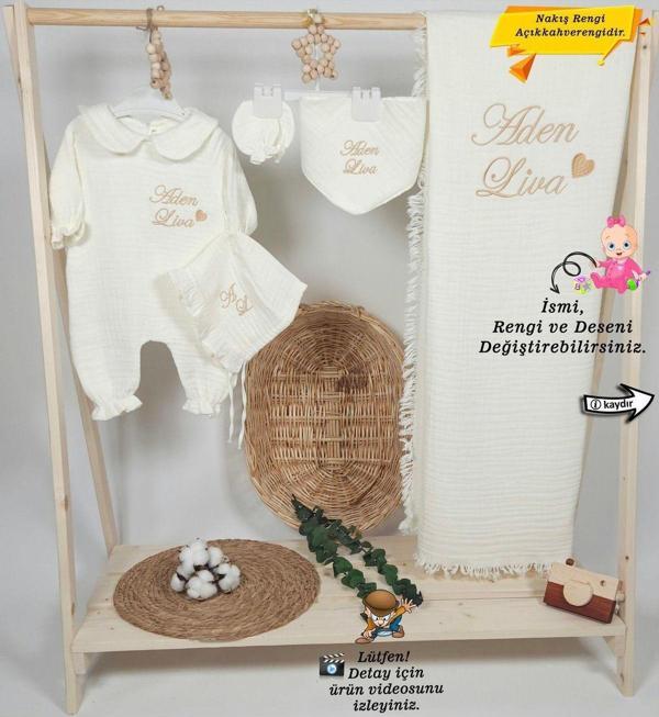4Katlı Müslin Kumaş Yakalı Tulum %100Pamuk Hastane Çıkışı-Hediyelik(Kişiye Özgüİsimli Nakış Desenli) - Image 1