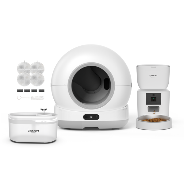 Xenon Smart Akıllı Otomatik Kameralı Kedi Tuvaleti Paslanmaz Çelik Kaseli 4LT Mama Kabı Led Işıklı Su Pınarı ve Filtre 4'lü Pet Seti - Image 1