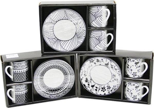 SİYAH - BEYAZ 4PCS=2-TAKIM  PORSELEN KAHVE FİNCANI  ÇİÇEK - ÇİZGİ - NOKTA MİX DESEN (5060) - Image 1