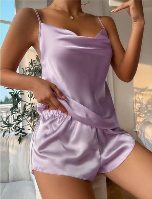 Aria's Closet Lila İnce Askılı Saten Şortlu Takım - Image 1