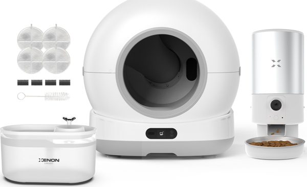 Xenon Smart Akıllı Otomatik Kameralı Kedi Tuvaleti Paslanmaz Çelik Kaseli 5LT Mama Kabı Led Işıklı Su Pınarı ve Filtre 4'lü Pet Seti - Image 1
