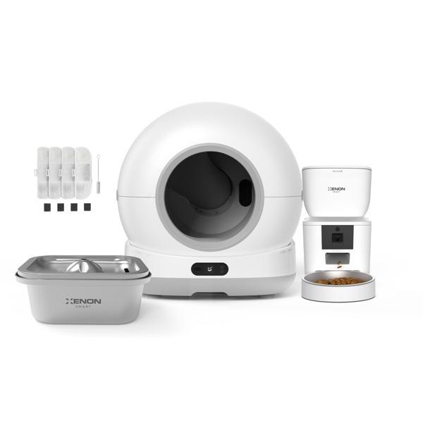 Xenon Smart Akıllı Otomatik Kameralı Kedi Tuvaleti Paslanmaz Çelik Kaseli 4LT Mama Kabı Çelik Hazneli Su Pınarı ve Filtre 4'lü Pet Seti - Image 1